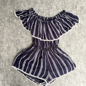 Lulus XS Navy Off Shoulder Romper White Stripe Ruffle Boho Festival Rayon